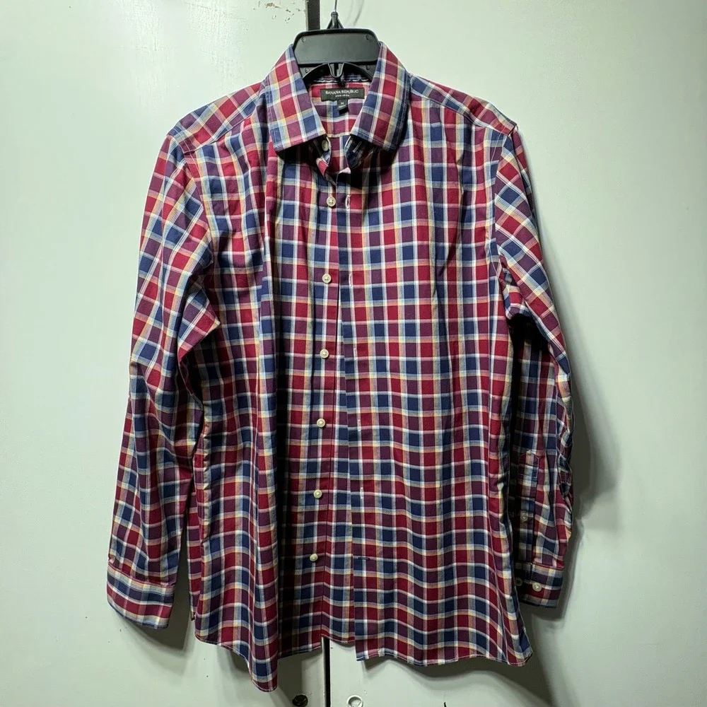 Banana Republic Mens Shirt Lot 6 Medium Blue Red Plaid Dot Cotton Non-Iron